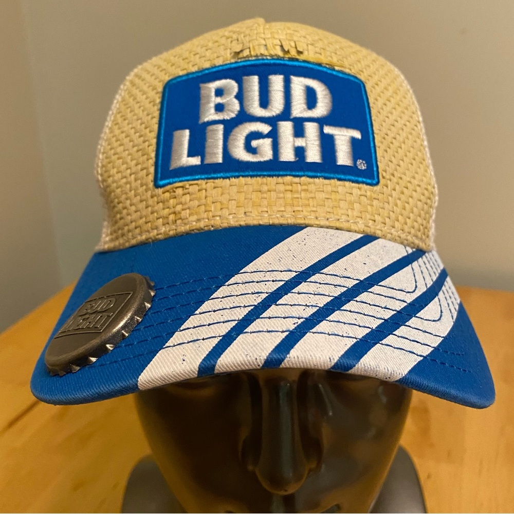 Bud Light Straw Hat Beer Can Bottle Opener Blue Adjustable Snapback Beach Lake